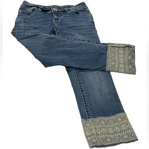 INC Denim Straight Leg Regular Fit Cropped Jeans Embroidered Cuff Stretch SZ 0P